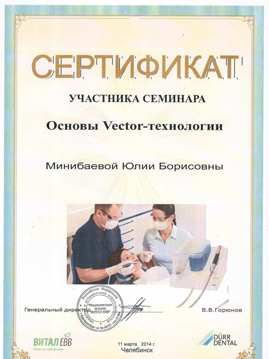 Сертификат участника семинара "Основы Vector-технологии". 2014г.